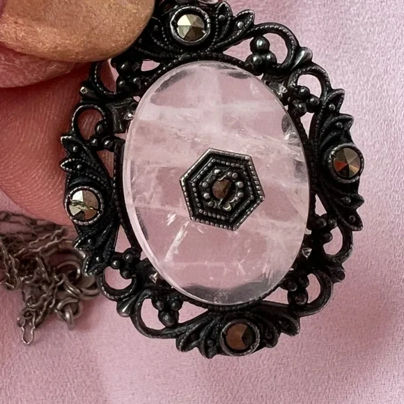 ANTIQUE ROSE QUARTZ MARCASITE STERLING SILVER NECKLACE PENDANT W/CHAIN GERMANY